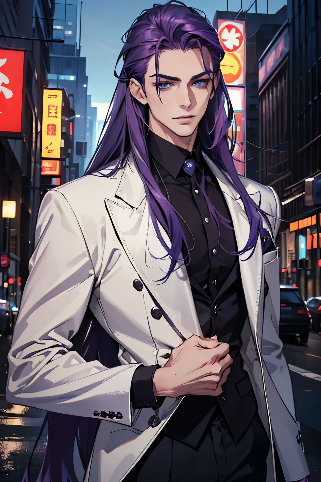 (absurdres, highres, ultra detailed), 1 male, adult, handsome, tall muscular guy, broad shoulders, purple hair, long straight hair, slicked back hair, blue eyes, finely detailed eyes and detailed face, thin eyebrows, portrait, looking at viewer, solo, half shot, light smile, portrait, business suit, city at midnight, sexy, attractive