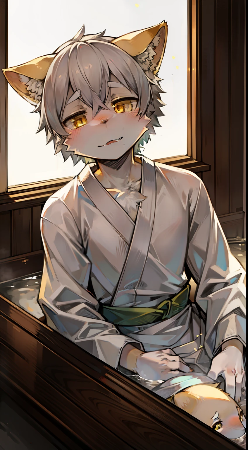 masterpiece, best quality, high quality,  1boy,, , duo, male focus, full body, looking at viewer, white hair,spiky hairstyle, short hair, steam smork, japan style,  anime coloring, shy, home muji style, detailed face, topless, white towel on waist,white silk, sit on tatami, eating meat ball