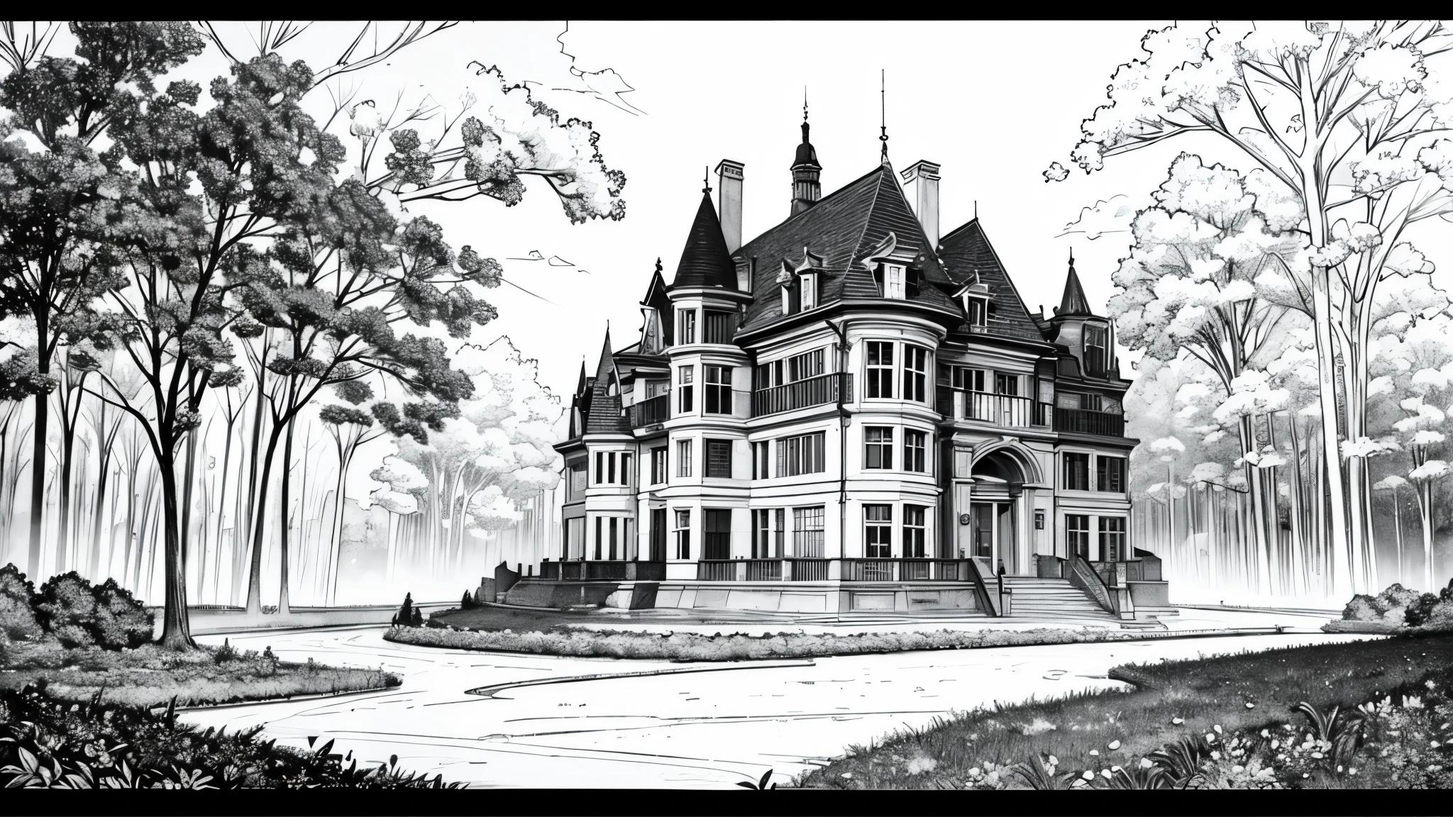 Mansion in night,night,forest,outside,line drawing,fog,explosions