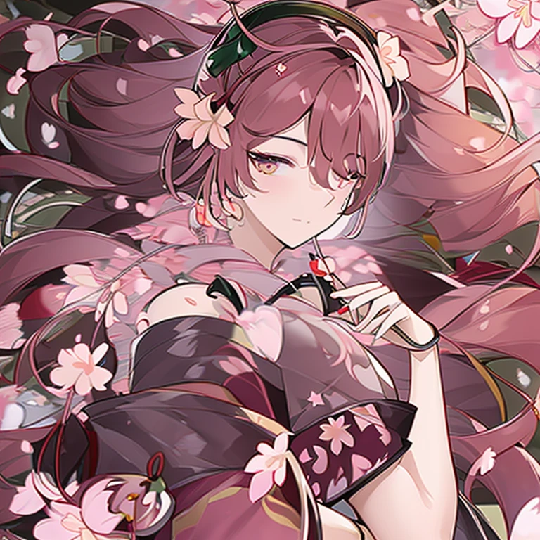 1 girl、background blur、branch、brown hair、long hair、high ponytail、dappled sunlight、flower、hair ornaments、kimono、kimono、leaf、(cherry blossoms:1.9)、band、outdoor、band、solo、sunshine、