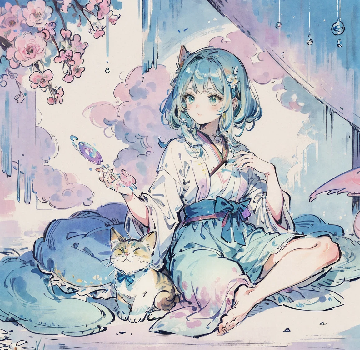 Yumekawa 、bonito como um sonho、com remos、Moya、(obra-prima、maximum quality、maximum quality、pintura em aquarela(Encaracolado)、Pegue um gato bonito、arte oficial、Beautifully Aesthetic:1.2)、(uma linda garota:1.3)、patterns、(Rainbow color hair、cabelo colorido:1.2)、soap bubbles、rainbow behind、nuvens、colorido、soap bubbles、O cabelo se espalha por toda parte、kawaii、pastries、Fita grande、Quarto encantador、Rainbow Cat Plush Toy