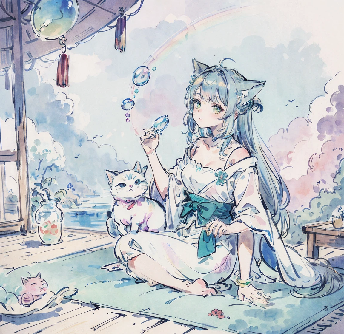 Yumekawa 、Cute as a dream、a pale、Moya、blanche(masterpiece、top-quality、top-quality、watercolor paiting(Curly)、Take a cute cat、Official art、Beautifully Aesthetic:1.2)、(a beauty girl:1.3)、patterns、(rainbow-colored hair、colourful hair:1.2)、Soap bubbles、Rainbow behind、clouds、colourfull、Soap bubbles、Hair spreads throughout、kawaii、pastels、Large ribbon、Lovely room、Rainbow Cat Plush Toy