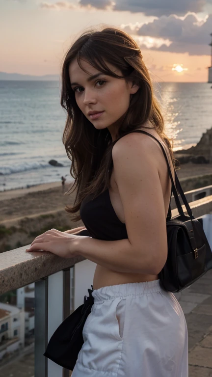 Hyperrealistic photography, mignon , 30 ans, longs cheveux bruns, 64 Ko, chef-d'artwork, photo nette, Regard d face, Dark brown hair, avec chemise moulante, in Málaga, la vue sur la mer, Long Dark brown hair, corps parfait, Model you are looking for, Realistic photo of a girl, sombre dehors, Just after sunset