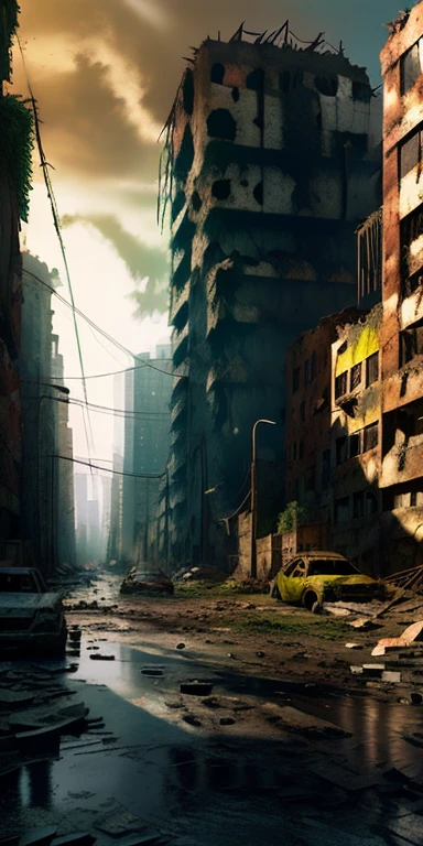 ((Ponto de vista, anti-dive camera angle, a city in ruins with a destroyed building in the background)), in a post apocalíptico setting, ((nsfw a lonely apocalyptic female survivor)) 8k, pintura fosca em preto e branco, dystopian future, destroyed city in the background, em uma paisagem urbana arruinada, in a post-apocalyptic wasteland, in a post apocalyptic city, Akira CGI Filme Stills, cinematic photography concept art, destroyed city, ((imagem em preto e branco))