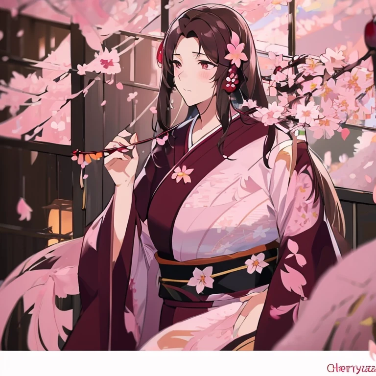 1 girl、background blur、branch、brown hair、long hair、high ponytail、dappled sunlight、flower、hair ornaments、kimono、kimono、leaf、(cherry blossoms:1.9)、band、outdoor、band、solo、sunshine、