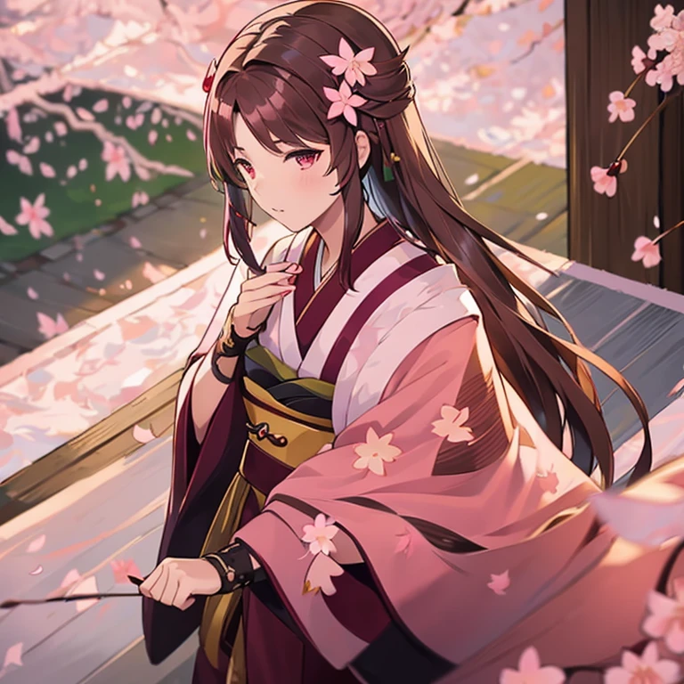 1 girl、background blur、branch、brown hair、long hair、high ponytail、dappled sunlight、flower、hair ornaments、kimono、kimono、leaf、(cherry blossoms:1.9)、band、outdoor、band、solo、sunshine、