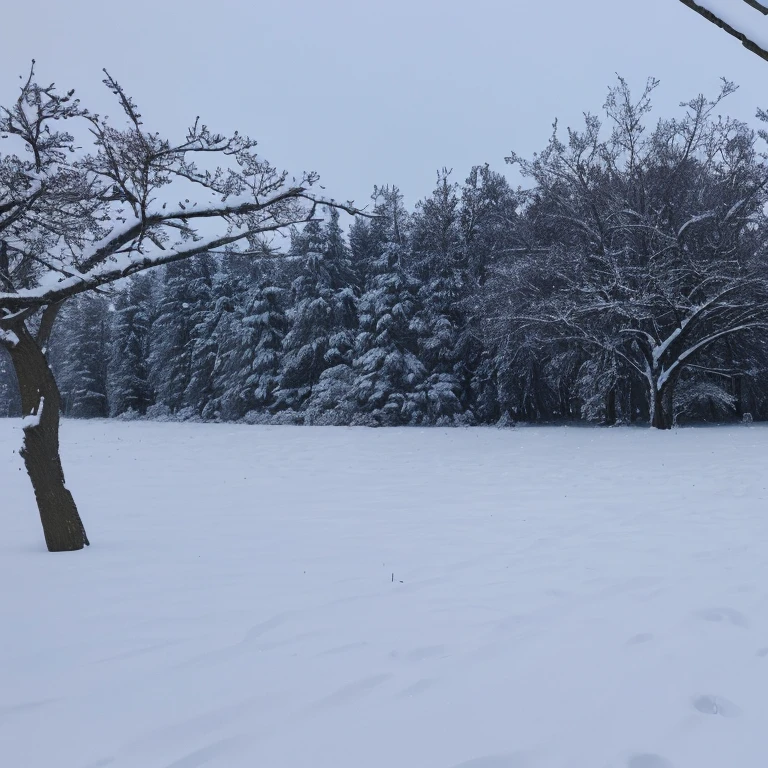 snowy trees in a field with snow on them and a bench in the middle, snow on trees and ground, only snow in the background, snowy woodland meadow, 3 / 4 extra - wide shot, (snow), in a snowy forest setting, snowy field, cold snow outside, snow scene, during snowfall, very wide shot, wintery scene, a wide full shot