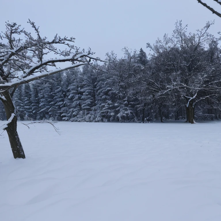 snowy trees in a field with snow on them and a bench in the middle, snow on trees and ground, only snow in the background, snowy woodland meadow, 3 / 4 extra - wide shot, (snow), in a snowy forest setting, snowy field, cold snow outside, snow scene, during snowfall, very wide shot, wintery scene, a wide full shot