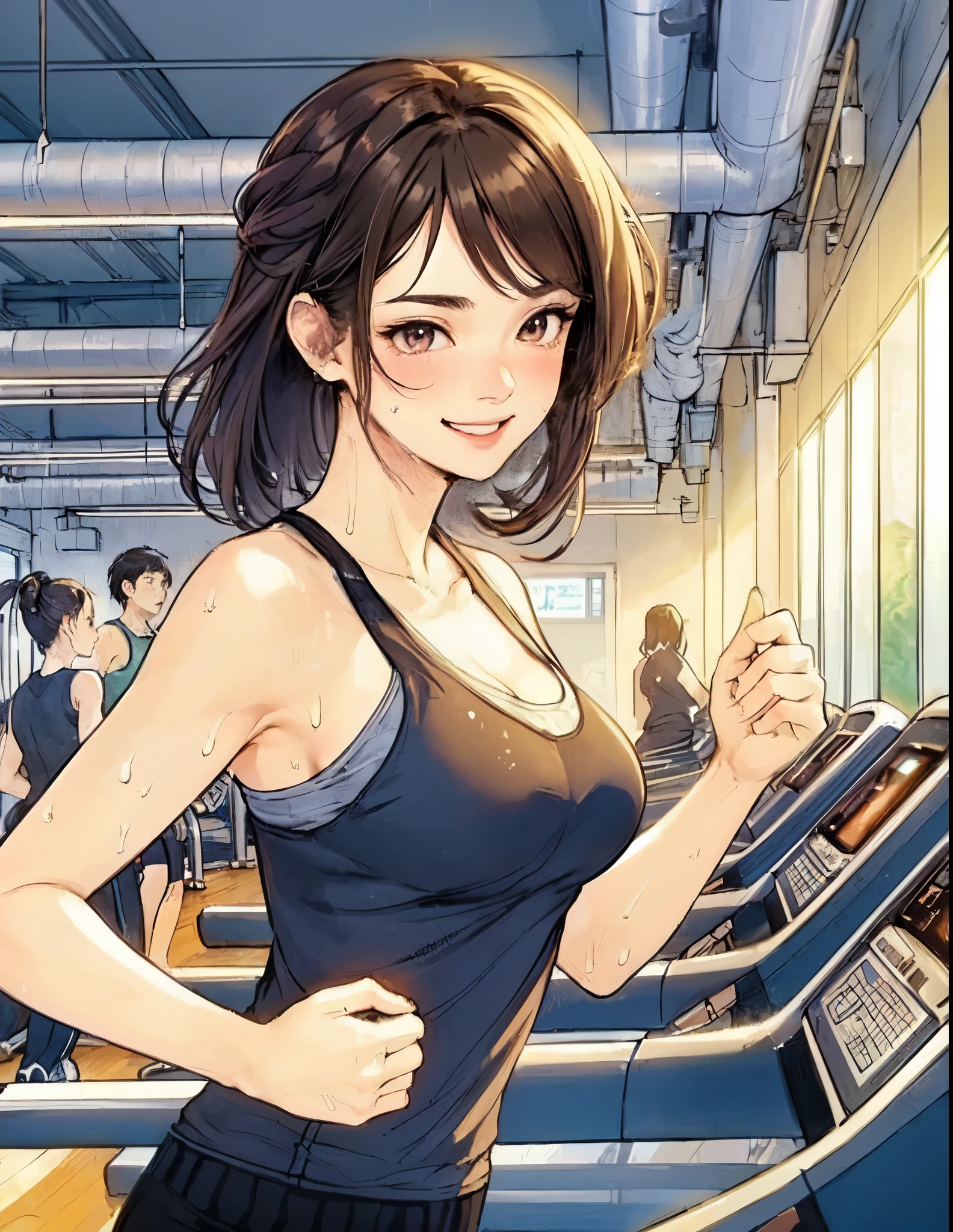 1lady solo, (running on treadmill:1.2), (stylish gym outfit), mature female, /(dark brown hair/) bangs, blush joyful smile, (eyes sparkling with joy), (masterpiece best quality:1.2) delicate illustration ultra-detailed, large breasts, sweaty BREAK (fitness gym) indoors, treadmills, energetic, detailed background