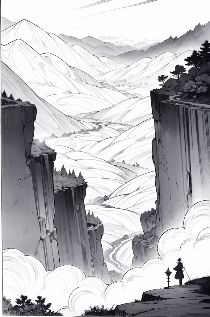 misty japanese mountain path winding through valley, dirt path, tall cliffs on the sides, with a ryokkan at the side of the path in the back of the picture, romantic scenery, black and white manga, ink style