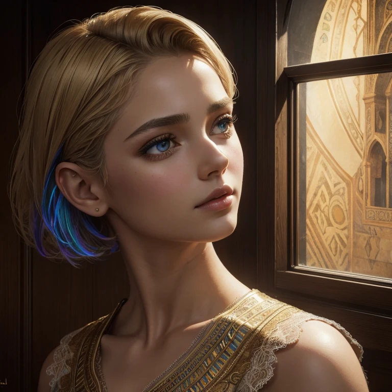 Ultra-realistic portrait by J Scott Campbell, sensual Egyptian Princess, short blonde undercut pixie-cut, perfect face, beautiful eyes, colorful silk and lace kalasiris dress, intricate background, inspired by Artgerm, Rutkowski, Vermeer, Rembrandt, and Luis Royo, exquisitely detailed, 32k Ultra HD, ultra-detailed, high-quality texture, dramatic lighting, breathtaking surreal masterpiece