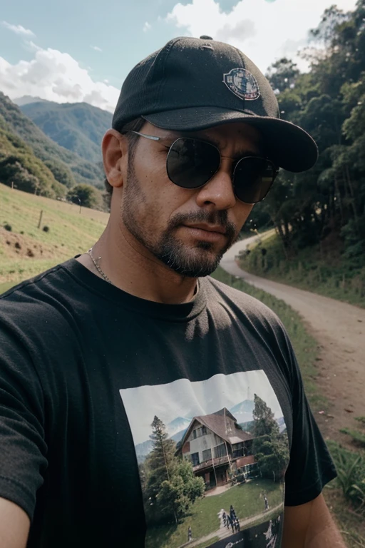 homem de aproximadamente 35 anos de idade tirando uma self com campo aberto gramado de fundo, usando camiseta preta, cap and sunglasses.