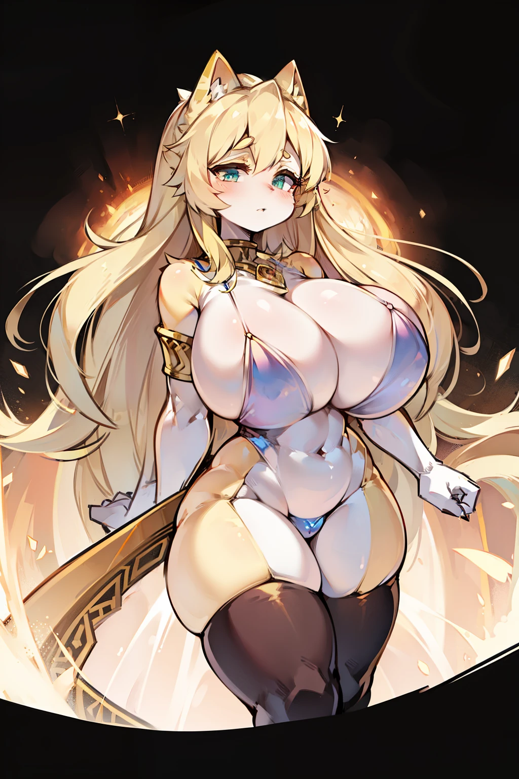 Goddess in radiant blonde locks graces the image, her gigantic breasts spilling forth from a scanty top, showcasing an enticing cleavage that draws the eye. Her small waist contrasts starkly with her voluptuous figure, and she dons thigh-high stockings that accentuate her long, shapely legs. The goddess exudes an air of allure and seduction in this full-body portrait, her blonde locks cascading down her back like a golden waterfall. The highest picture quality reveals each strand of her hair in vibrant detail, every curve and line accentuated to perfection. The goddess's gaze is captivating, holding the view