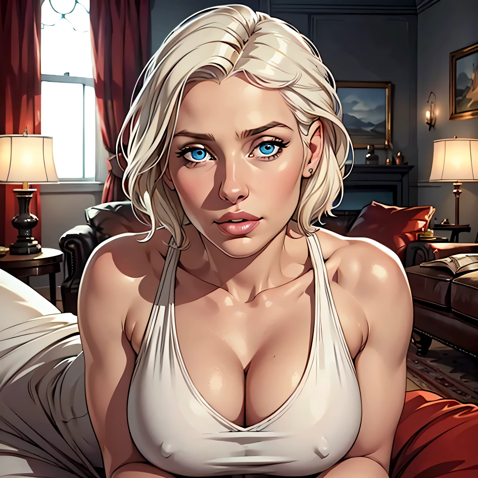 (melhor qualidade, realista), 1 de 40 anos, olhos detalhados, Detailed lips, cabelo loiro platinado, olhos azuis, usando um vestido curto justo, sala de estar, atmosfera acolhedora, soft lighting, ambiente tranquilo ...