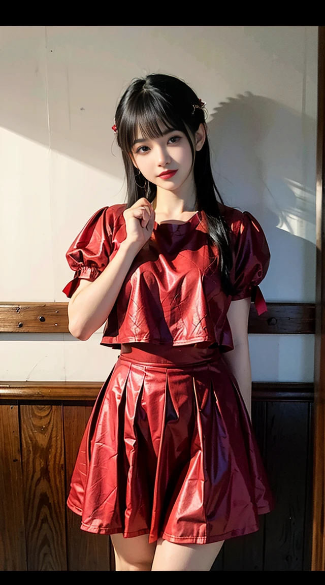 Excellent, masterpiece, black hair, red dress, looking up, upper body, hair, fair skin, emanated, red theme, skirt, red dress, conservative skirt