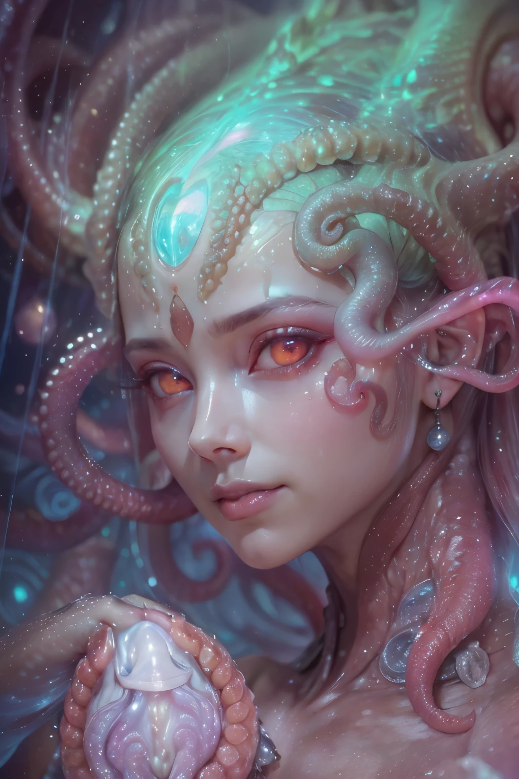 (A portrait of one beautiful and obscene female alien who is a young ager:1.4), ((There is a female genital-like organ in the middle of her forehead:1.8)), (Numerous award-winning masterpieces, with incredible detail, textures and maximum detail), artistic photography, midnight aura, unreal engine 5, Ultra Sharp Focus, art by Amano Yoshitaka, ArtGerm, Roisch, intricate artwork,ultra realistic realism, high resolution, High freshness, drawing faithfully, official art, Unity 8K Wall paper, ultra detailed artistic photography, dream-like, Creation of fantasy, dream Snail, (biopunk nautilus:1.3),Thrilling color schemes, seductively smiling, Amazing mutation, well-proportioned body, goddess of the deep sea, fractal, Geometric pattern, impossible figures, (translucent white tentacles with stripes:1.4), subtle emerald green accents, (smiling seductively:1.3),(She has the most beautiful face in the history of the universe:1.5), Penelope Cruz, (she is looking at viewers with glowing red eyes with no pupils:1.3), an evil gaze that seduces, (look down at the viewers:1.6)