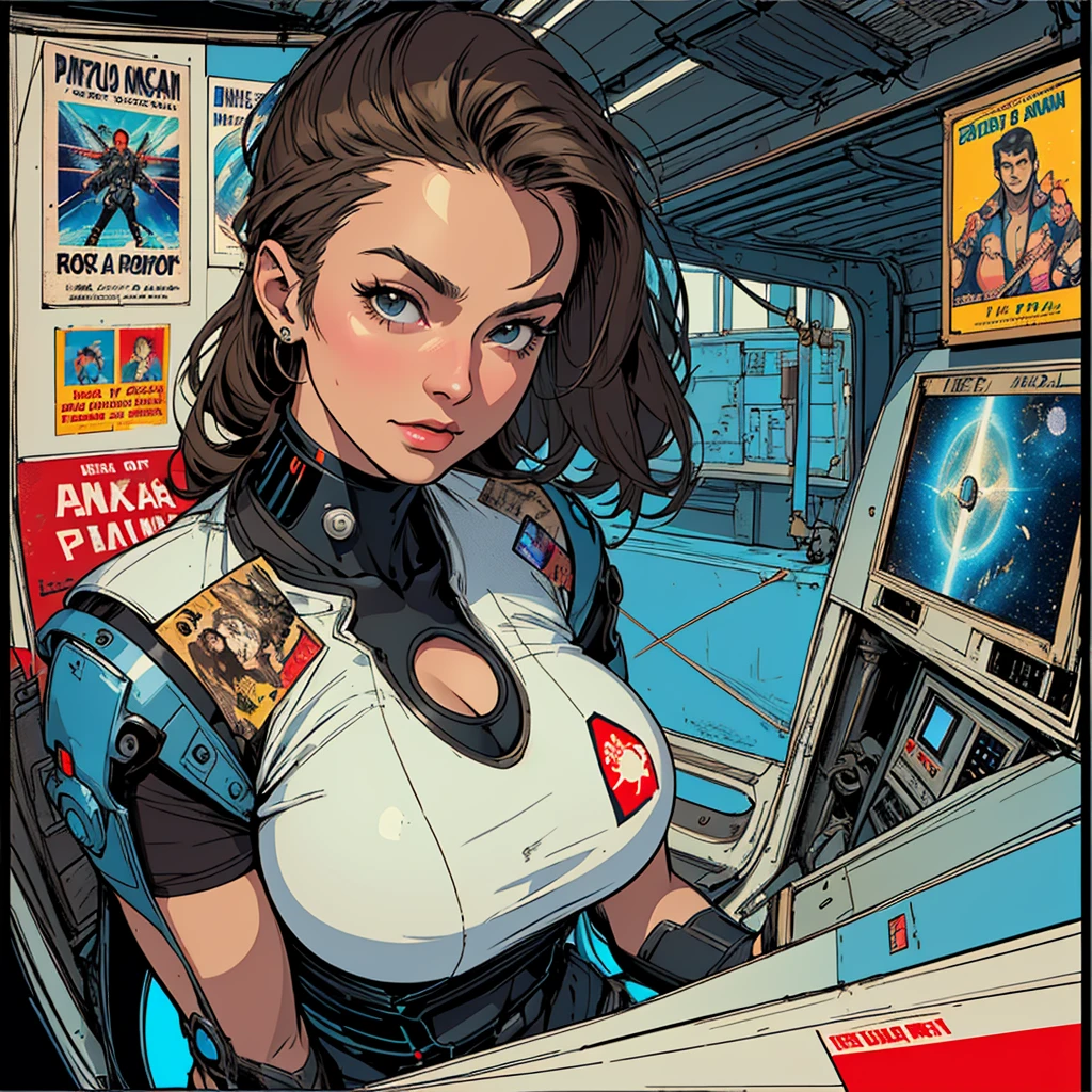 (((highest quality))),masterpiece,1 woman,((the perfect person)),((Super beautiful woman)),detailed perfect face,retro,vintage,classic,60's,70's,80's,(((old movie posters))),abstract,((スペーススリラーmovie poster)),(Futuristic),Geometric pattern,(very delicate),(movie poster_white frame),universe,Milky Way,planet,,propaganda,universe飛行士,breast enhancement,simple,(big breasts),(cleavage),(cyber punk),massive stream of light,overlay,SF,A scene from a science fiction movie,universeステーション,american comics,perfect fingers,perfect physical beauty,perfect body,anime,Mechanical,mechanic,