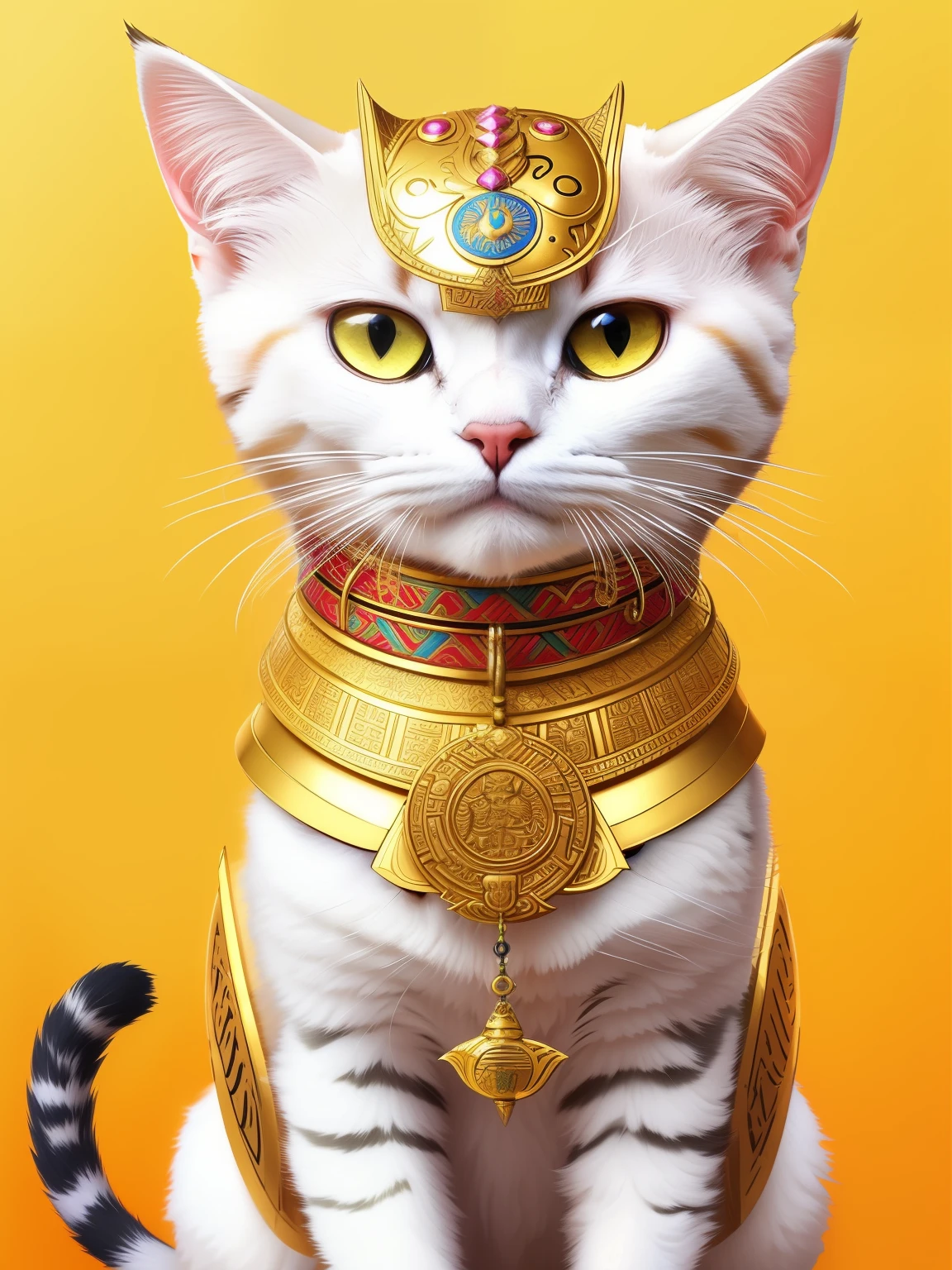 there is a cat with a gold collar and a medallion on it, wearing golden cat armor, anthropomorphic female cat, god of cats, inspired by Miao Fu, anthropomorphic cat, shui mo hua, awesome cat, cat warrior, elegant cat, egyptian cat goddess, cat. digital painting, samurai cat, by Li Kan, alex grey cat