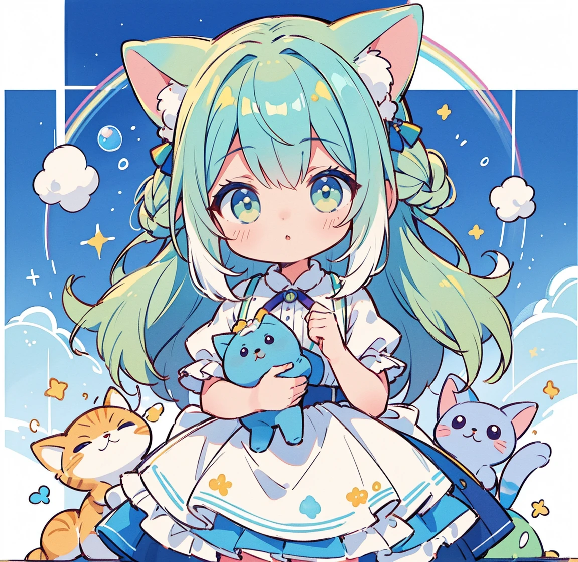 1girl, animal ears, purple eyes, brown hair, wings, solo, long hair, blush, cat ears, flower, looking at viewer, braid, bow, dress, pink flower, hair bow, hair ornament, bangs, cat, hair flower, animal ear fluff, holding, virtual youtuber, blue bow, holding animal, cat girl, stuffed toy