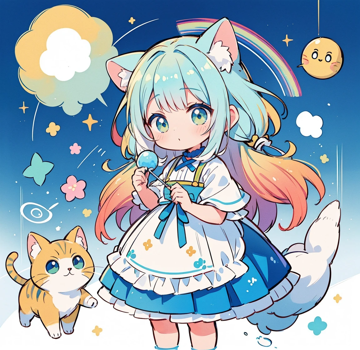 Yumekawa 、bonito como um sonho、com remos、Moya、(obra-prima、maximum quality、maximum quality、pintura em aquarela(Encaracolado)、Pegue um gato bonito、arte oficial、Beautifully Aesthetic:1.2)、(uma linda garota:1.3)、patterns、(Rainbow color hair、cabelo colorido:1.2)、soap bubbles、rainbow behind、nuvens、colorido、soap bubbles、O cabelo se espalha por toda parte、kawaii、pastries、Fita grande、Quarto encantador、Rainbow Cat Plush Toy