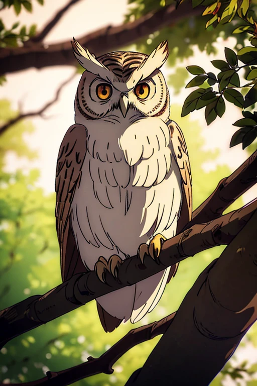 A white-faced scops owl with brown eyes, sitting on a branch, in a mappa art style. Vivid colors bring out the details of the owl's feathers and the surrounding environment. The image is of high resolution, with realistic rendering that captures the intricate textures of the owl's plumage. The lighting highlights the owl's features, casting soft shadows on the branch.