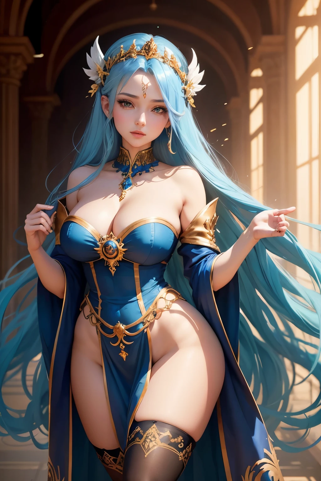 In a realm where divine beings reside, there stands a breathtaking goddess with radiant blue hair cascading down to her waist. Her eyes gleam with wisdom and compassion, yet they hold a hint of mischief. Dressed in an ornate gown, her ample bosom is accentuated by the deep cleavage, while her small waist adds to her captivating allure. She wears thigh-high stockings that perfectly complement her godly figure, as they elongate her lean legs leading up to her celestial form.