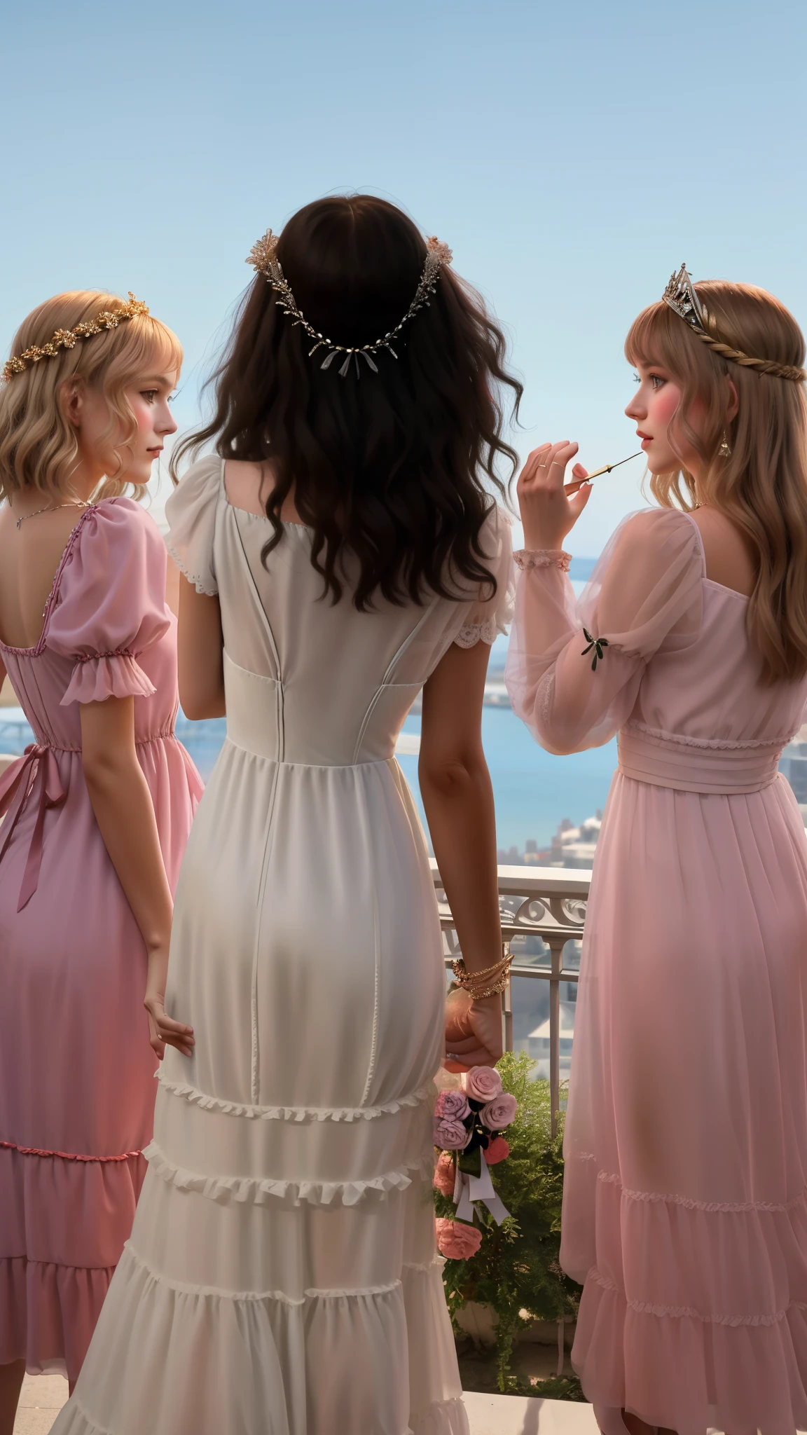three women in dresses are standing on a balcony, al estilo de petra collins, part petra corright, inspirado en Philip Wilson Steer, inspirado por Domenico Ghirlandaio, petra corright, usando un vestido rosa, inspirado en James Tissot, inspired by Wilhelm Hammershøi, inspirado por Thomas Stothard, Princesa en primer plano, bridgerton style