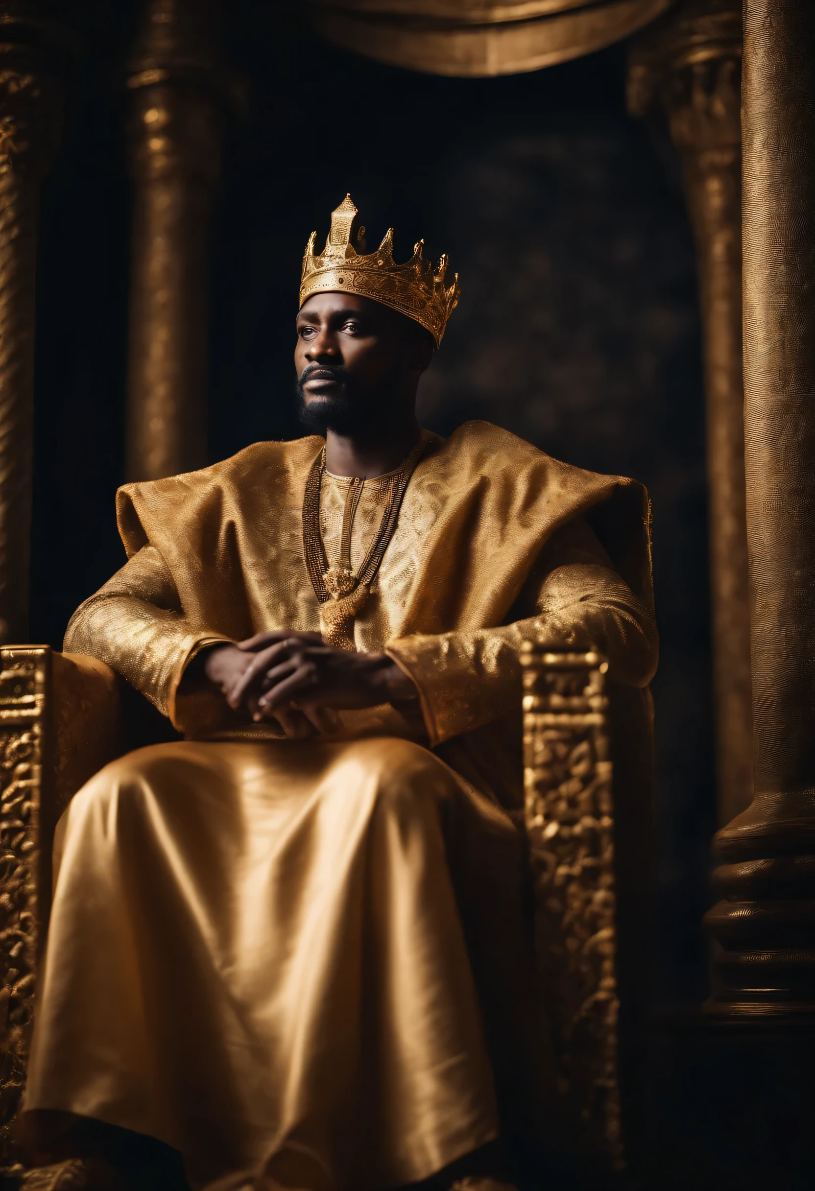 Medieval African king sitting on his throne of ancient castle, surrounded by gold