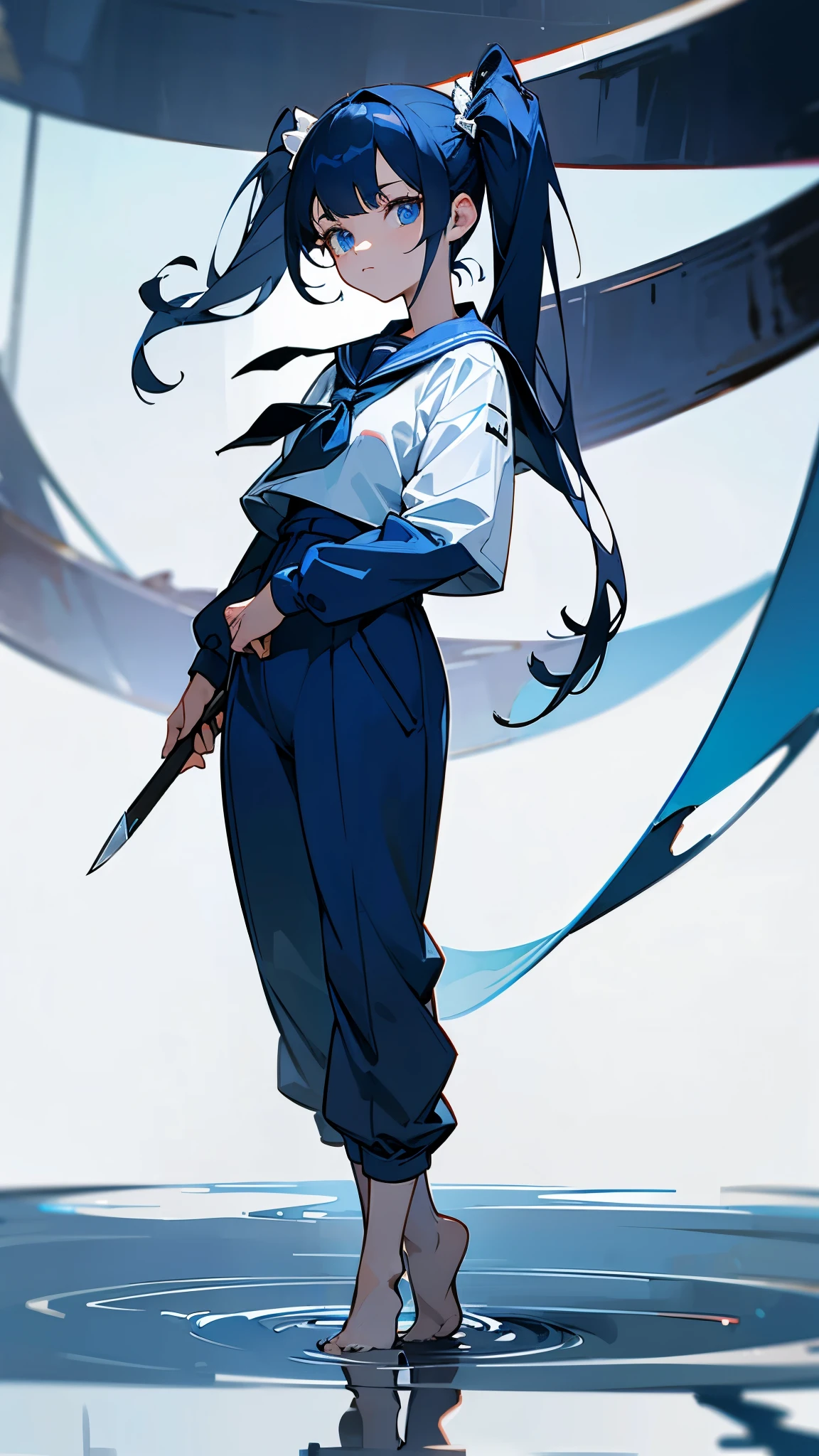 No background、dark blue hair、blue eyes、twin tails、have a knife、Standing on a stick、face forward、The whole body is reflected、Expressionless、student、The upper body is a sailor suit、The lower body is wearing a jumpsuit、Away、Feet are reflected、A masterpiece in better quality in close-up:1.5