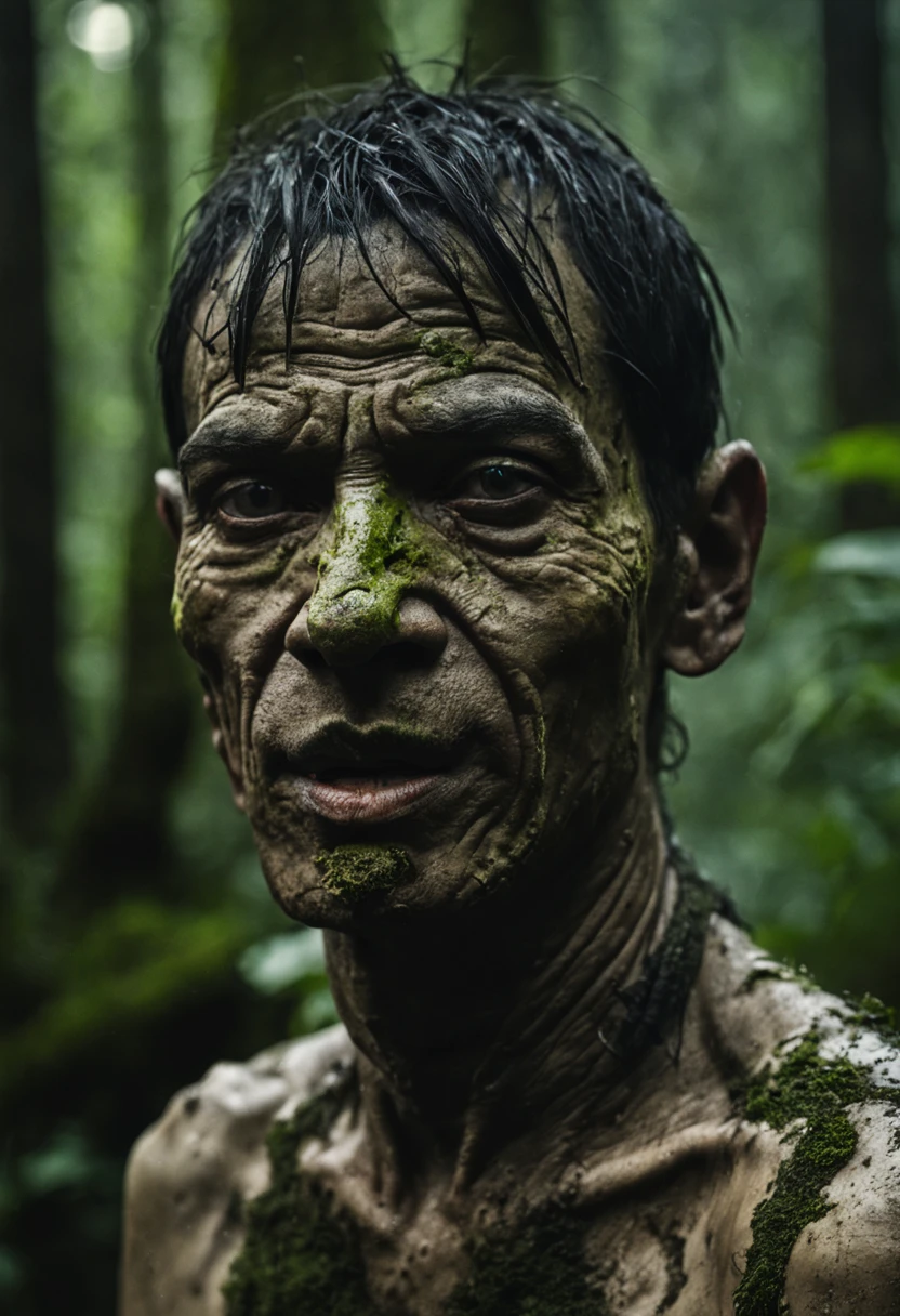 extremes close up face Indonesian Wild very thin man ugly mud  in jungle the face has powder white, Skin is dirty with dust and moss , leaf on head Action pose , dark forest moon, Movie Poster