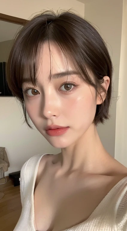 ((highest quality, 8K, masterpiece: 1.3)), concentrated: 1.2, perfect body beauty: 1.4, buttocks: 1.2, ((Short haircuts, small breasts: 1.2)), (sweaty skin: 1.1), (in the room: 1.3), off shoulder dress: 1.1, Highly detailed face and skin texture, delicate eyes, double eyelid, sunburned skin, white clothes, exposed cleavage, Clavicle emphasis、Japanese woman taking a selfie