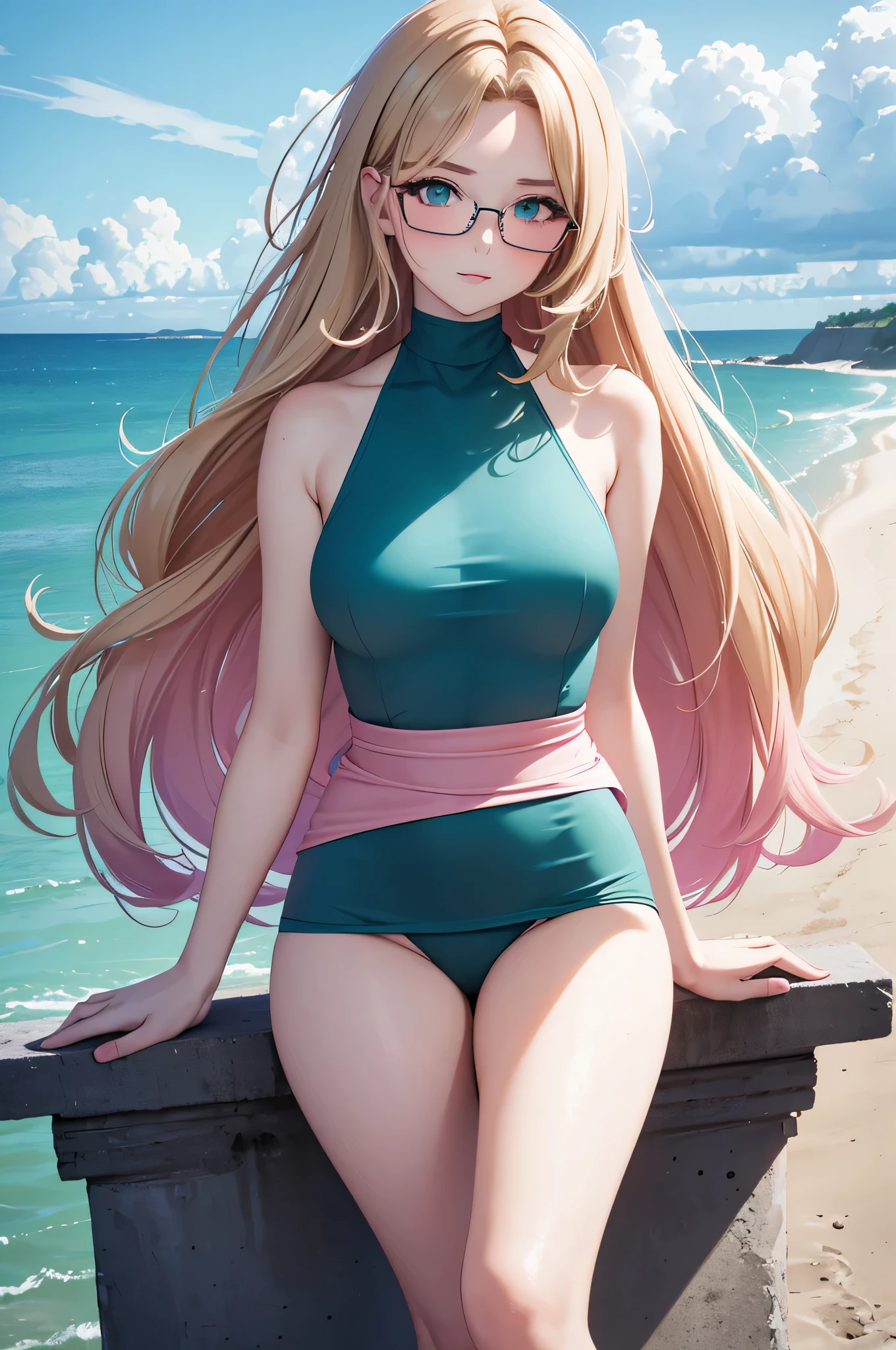 (masterpiece, professional photo:1.1), (8k, high resolution), single, solo women, European, (straight messy hair (dark blonde)), sexy curve, beautiful face, ultra detail eyes, (glasses:1.1), small breast, (high waist short pink:1.2), (teal high neck:1.2), sexy goddess, street, old beach side build, high quality image