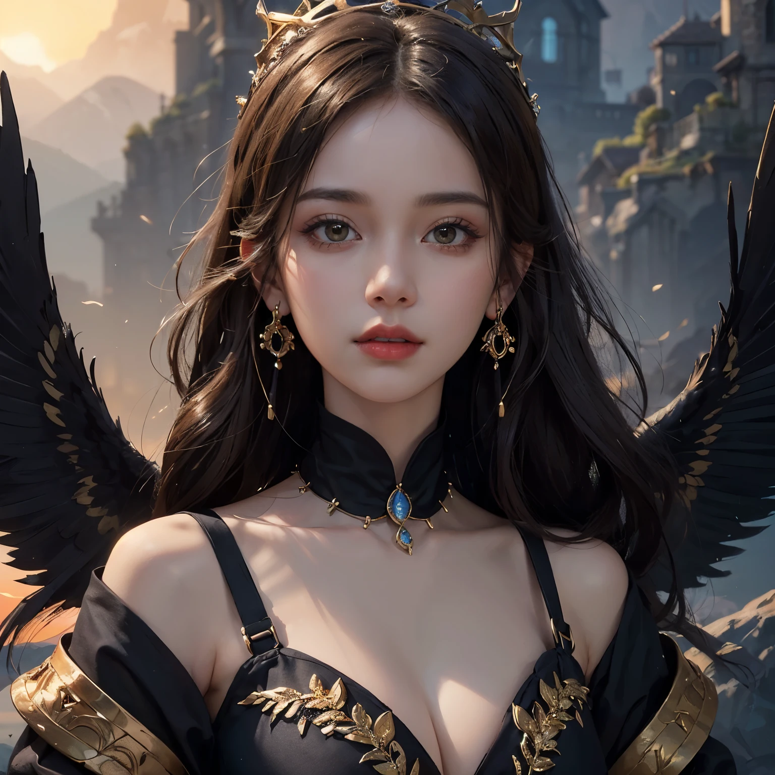 ((half-length portrait)), ((Best quality)), ((masterpiece)), (detailed), perfect face, queen of black birds, ((open neck without decorations)), dawn in the mountains, (the lights of a sun), ((fantasy)), black swift, black and gold color scheme, Dust, 