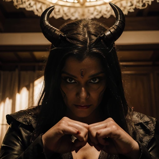A demonic , com olhos vermelhos brilhantes e presas afiadas, vestido com roupas pretas esfarrapadas, fica desafiadoramente na sala mal iluminada. Its horns curl menacingly above its forehead., and his clawed hands are clenched into fierce fists. Despite its sinister appearance, a mischievous gleam dances in his eyes as he contemplates his next prank. The shadows around you seem to pulse with malevolent energy., e as paredes outrora imaculadas carregam as cicatrizes de suas travessuras indisciplinadas. O quarto, cheio do cheiro acre de enxofre, is a clear indication that this is no ordinary .