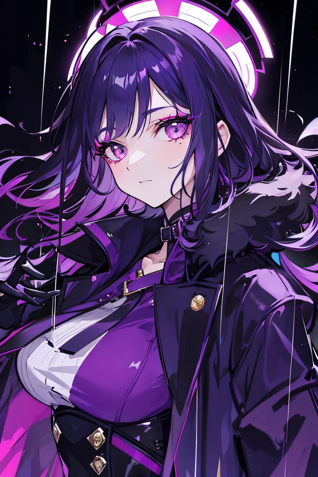1girl, with vibrant makeup, in a night city covered in heavy rain, wearing an elegant purple coat, looking up with a confident expression.