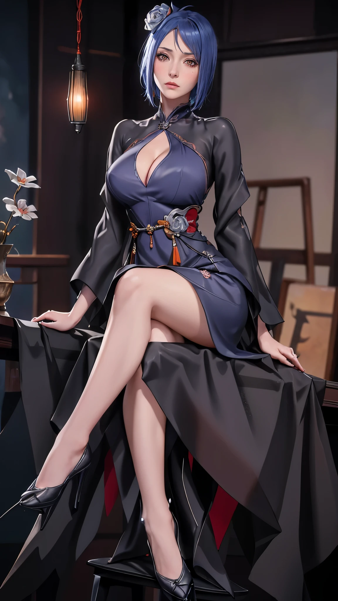 （（（newchinesestylesuit，cement gray dress,（（（danya，konan \(naruto\),konan, blue hair, Orange pupils, short hair, hair ornament, flower, hair flower, ））），（（（wide hips））），S-shaped body:1.7））），((masterpiece)),high resolution, ((Best quality at best))，masterpiece，quality，Best quality，（（（ Exquisite facial features，looking at the audience,There is light in the eyes，shy，blush，pain，endure ））），（（（Light and shadow interlace，super gigantic ，cleavage））），（（（looking into camera，sit on the chair，slender legs）））