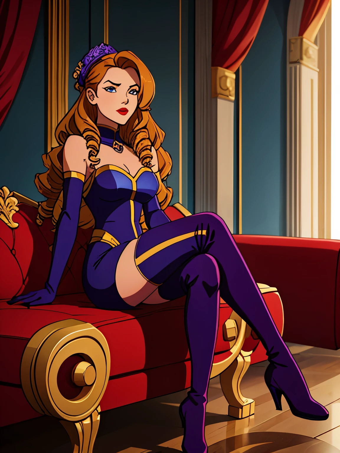 masterpiece, Best quality, Woman, Long wavy hair, drill hairstyle, Bright lipstick, Decorations, in a tight long dress, wearing long gloves, in thigh-high boots, sitting on the sofa with crossed legs