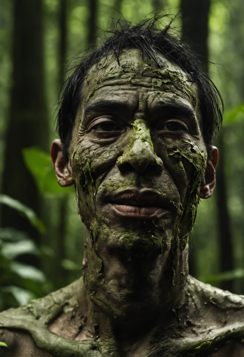 extremes close up face Indonesian Wild very thin man ugly mud in jungle the face is powder white, Skin is dirty with dust and moss , leaf on head Action pose , dark forest moon, Movie Poster
