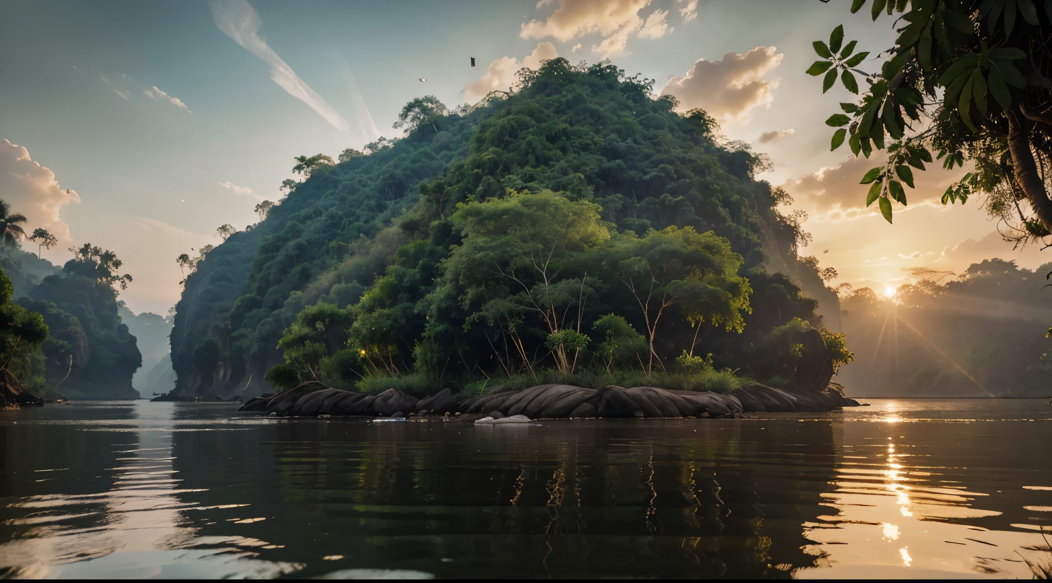 Mekong River, in the jungle of Thailand, at sunrise, with realistic textures, ultra hd, realistic, vivid colours, high detail, perfect composition, from below, beautiful detailed complex insanely detailed octane render, artstation trend, 8k art photography, photorealistic concept art, soft natural volumetric cinematic perfect light