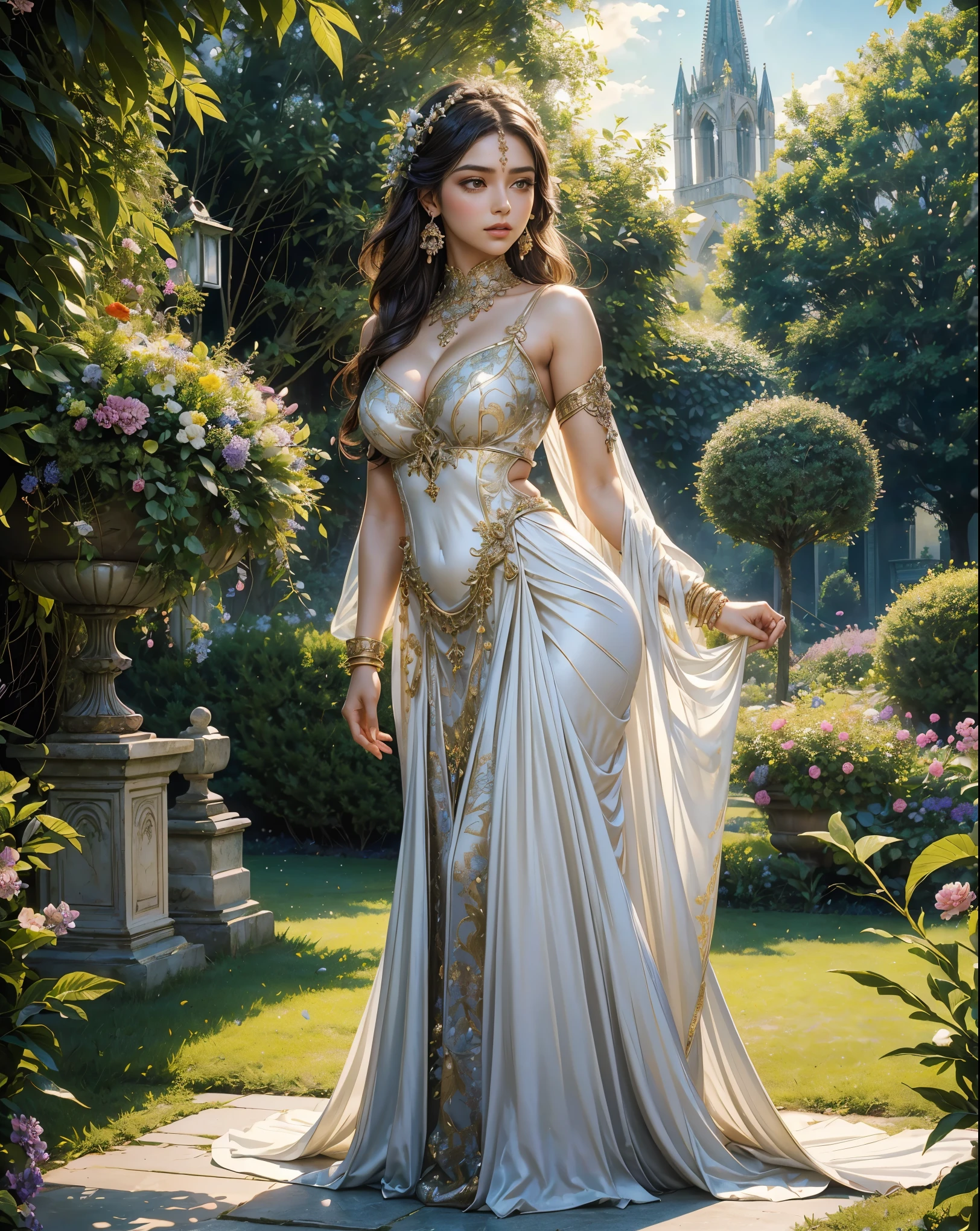 (1girl:1.3), extremely detailed,(colorful:1.1)(flowers:1.3),highest detailed, (dynamic pose),   (shiny skin), ,(earrings:1.4), masterpiece,studio ghibli style,highly intricate,highly detailed,photorealism style (background: a church in the middle of a lush green field, romantic landscape, beautiful summer landscape, beautiful garden, floral sunset, romantic greenery, garden landscape, beautiful landscape, beautiful dreamy landscape, beautiful terrace, landscape scenery, beautiful scenic landscape, natural landscape beauty, beautiful garden on background, flower garden, sunny landscape, at sunrise in springtime, flower garden summer morning, dreamy landscape )  a woman in a white and gold outfit, black hair, Big  , sexy cleavage, of indian princess, ellora, maya ali sorcerer, shakti, maya ali sorceress, beautiful costume, silver ornaments, wearing an ornate outfit, golden and silver jewerly,  white royal dress, hindu