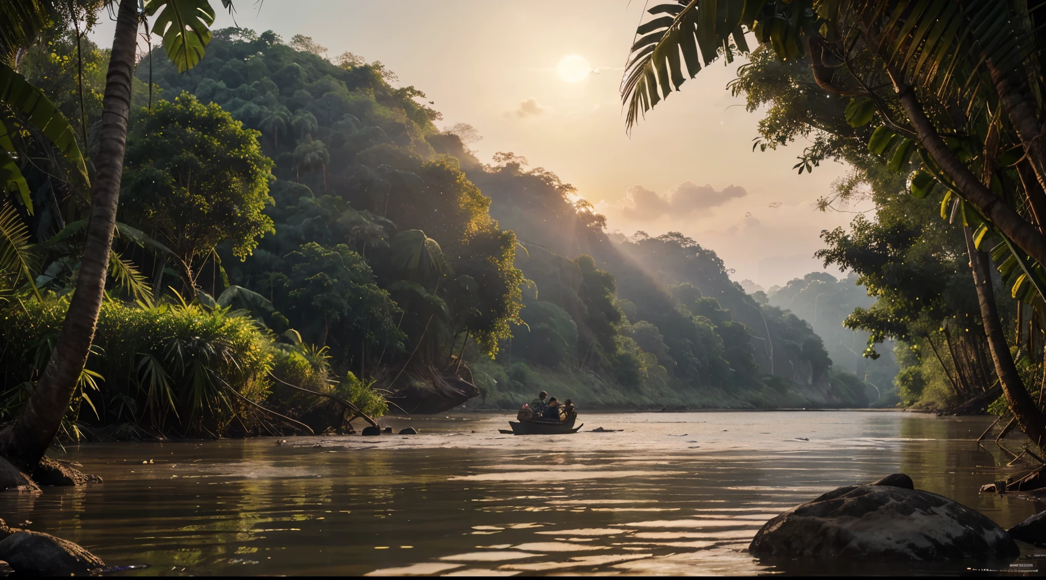 Mekong River, in the jungle of Thailand, at sunrise, with realistic textures, ultra hd, realistic, vivid colours, high detail, perfect composition, from below, beautiful detailed complex insanely detailed octane render, artstation trend, 8k art photography, photorealistic concept art, soft natural volumetric cinematic perfect light