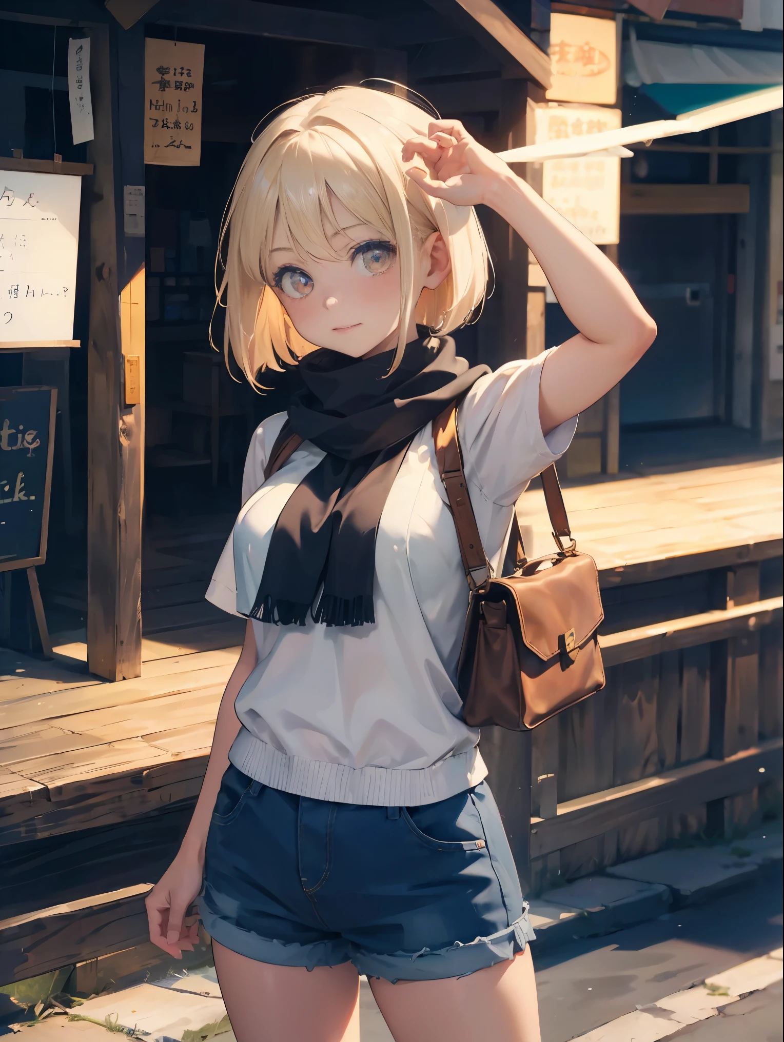 One 20-year-old woman、(​masterpiece:1.4)、(top-quality:1.4)、(Real Face:1.1)、超A high resolution、high detailing、Beautiful facial features、Blonde Short Bob、Lunette de soleil、耳环、knit hat、checkered scarf、a black T-shirt、shortpants、(huge-breasted:1.3)、Blushing、Stand against the wall