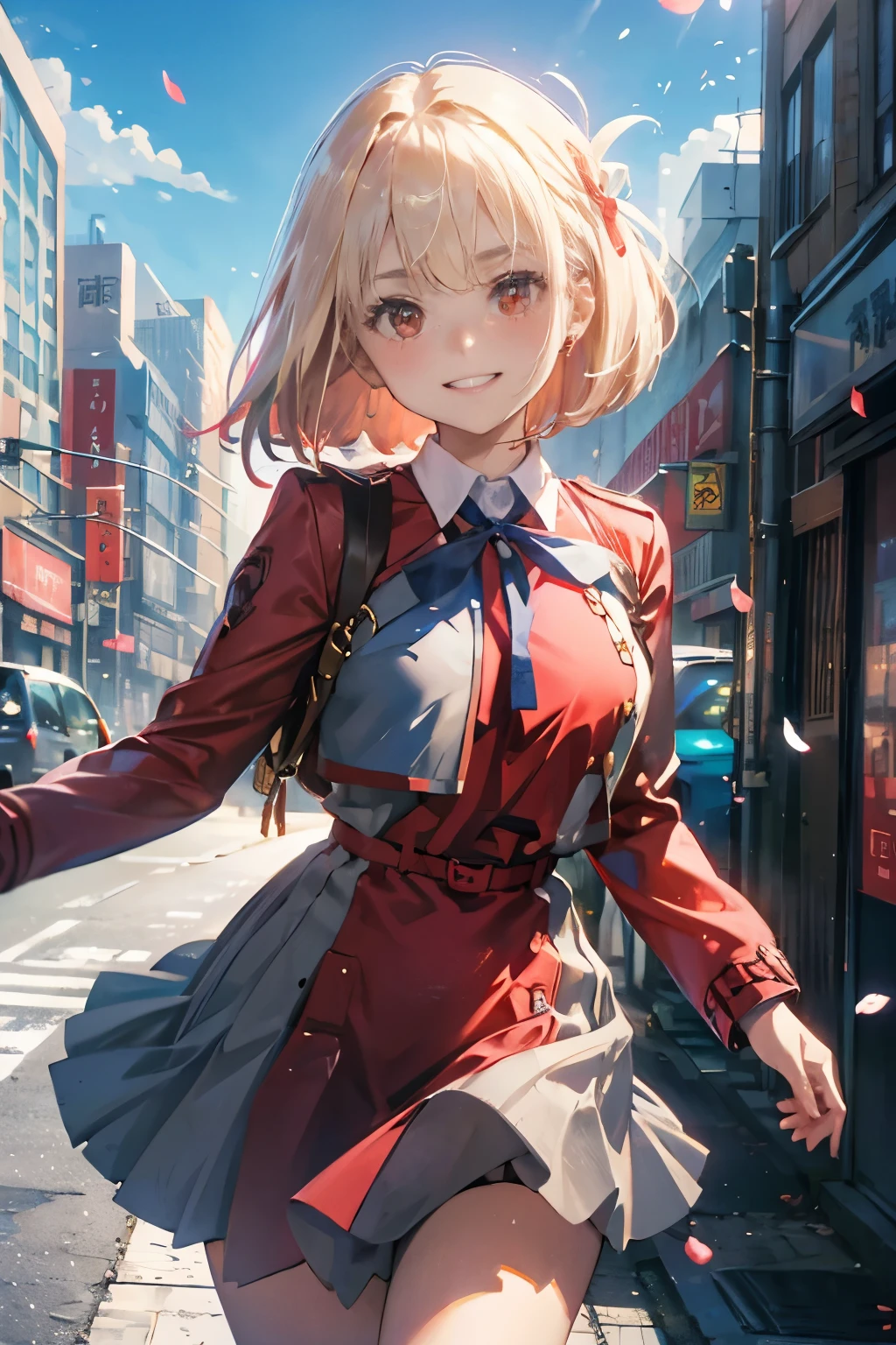 masterpiece、top-quality、Female one、bangss、platinum-blonde、red school uniform、red blush、breastsout、Y shirt、cowboy shot、dress shirts、Eyebrows visible through the hair、Grinning、Bob Hair、Click here for the line of sight、Navy blue tie ribbon、Akame、student clothes、a red skirt、独奏、blue-sky、flower petals、Fashionable、sano、colourfull、Dynamic、City background lined with skyscrapers