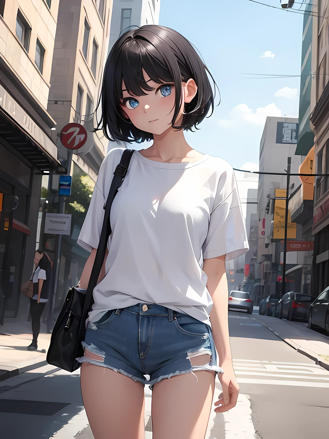 1girl, short black hair, blue eyes, wearing plain white shirt, denim shorts, city, absurdres, high res, ultrasharp, 8K, masterpiece, looking at viewer