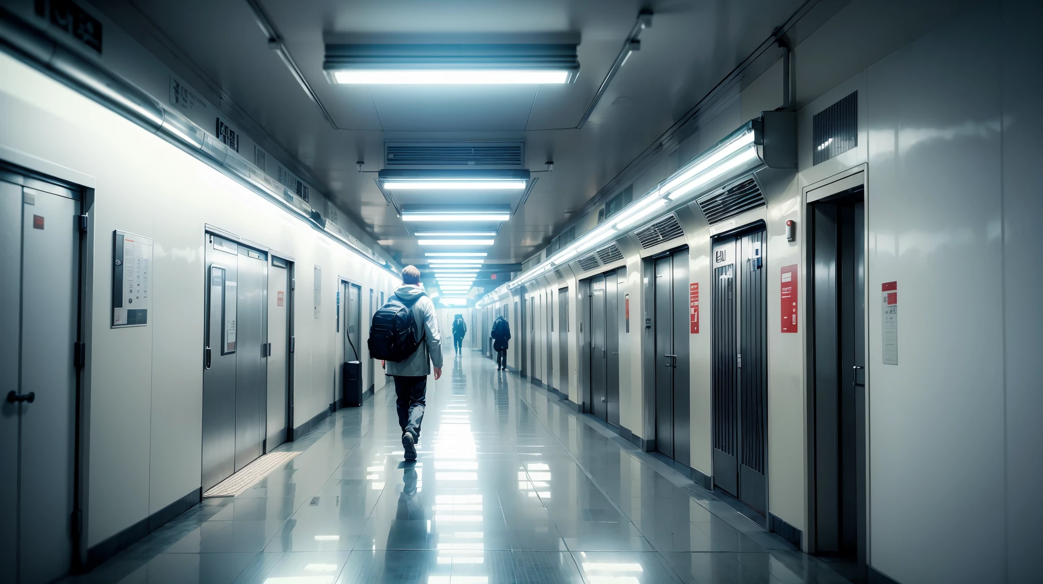 There is a man walking down a long hallway with a suitcase., Metro station, Japan. volume lighting, underground scene, akihiko yoshida. unreal engine, realistic unreal engine 3 d game, [ realistic pictures ]!!, tokyo futuristic and clean, hyper-realistic environment, on the subway, Underground facilities, Endless corridors, 8K. volume lighting, Subway exit, (((aisle, white wall, white wallのaisle:1.9, 明るいaisle, Exit 8))),