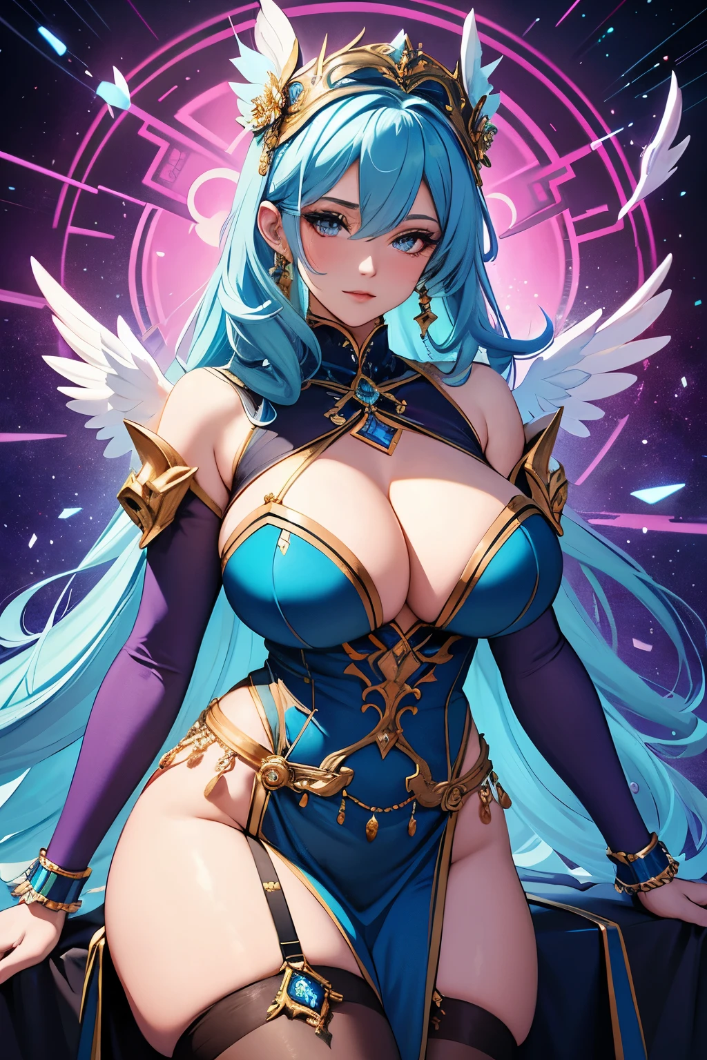 (A divine goddess with) blue hair cascading down her shoulders, (her gigantic breasts) spilling out from a low-cut, shimmering dress, (revealing ample cleavage), (with a small waist) accentuating her hourglass figure, (wearing thigh-high stockings that add an alluring touch) to her already captivating presence. This masterpiece of art captures the essence of the goddess in all her glory, every curve and detail meticulously rendered to bring her mystical beauty to life. The use of vibrant colors and bold brushstrokes adds to the allure, transporting the viewer to a realm of enchantment and wonder