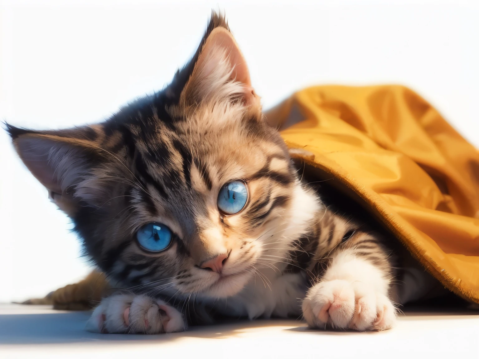 The image features a kitten with big blue eyes and a fluffy orange coat, lying on a white surface. The kitten appears to be looking up at the camera, with a caption in Russian below.