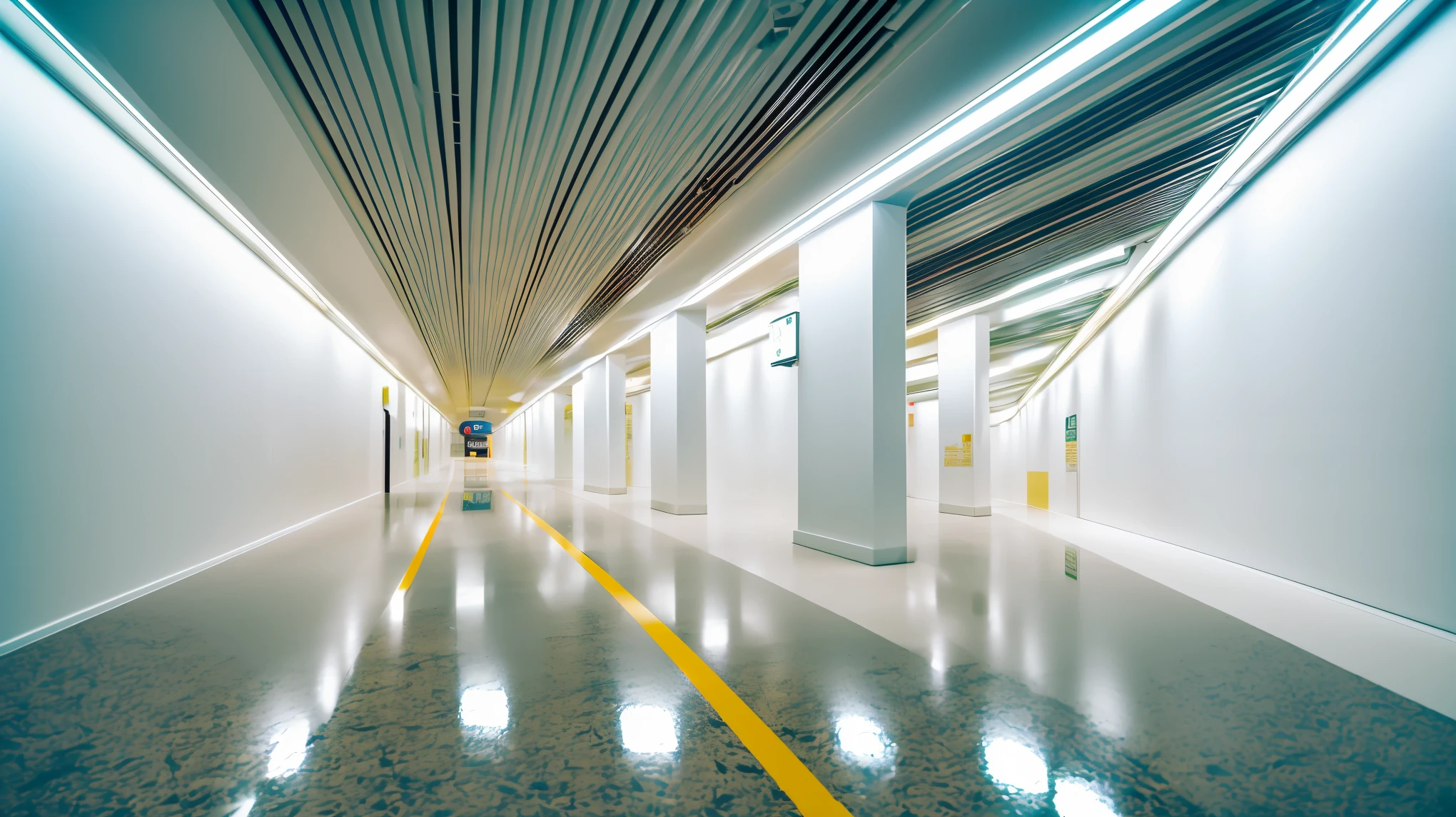 There is a man walking down a long hallway with a suitcase., Metro station, Japan. volume lighting, underground scene, akihiko yoshida. unreal engine, realistic unreal engine 3 d game, [ realistic pictures ]!!, tokyo futuristic and clean, hyper-realistic environment, on the subway, Underground facilities, Endless corridors, 8K. volume lighting, Subway exit, (((aisle, white wall, white wallのaisle:1.9, 明るいaisle, Exit 8))),