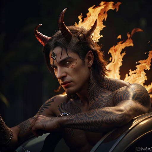 An intricately detailed masterpiece of an adult male demon, com olhos vermelhos penetrantes e dentes afiados, adorned with intricate tattoos covering his muscular physique, accompanied by his faithful hellhound companion, na grandeza do seu castelo de fogo. The demon&#39;s horns curve elegantly, your skin glowing with an unearthly glow under the red sky, aumentando a aura sinistra, mas cativante da cena. O denso, demon domain dark foliage painting background, with flickering flames casting long, dramatic shadows that add depth and mystery to the masterpiece.