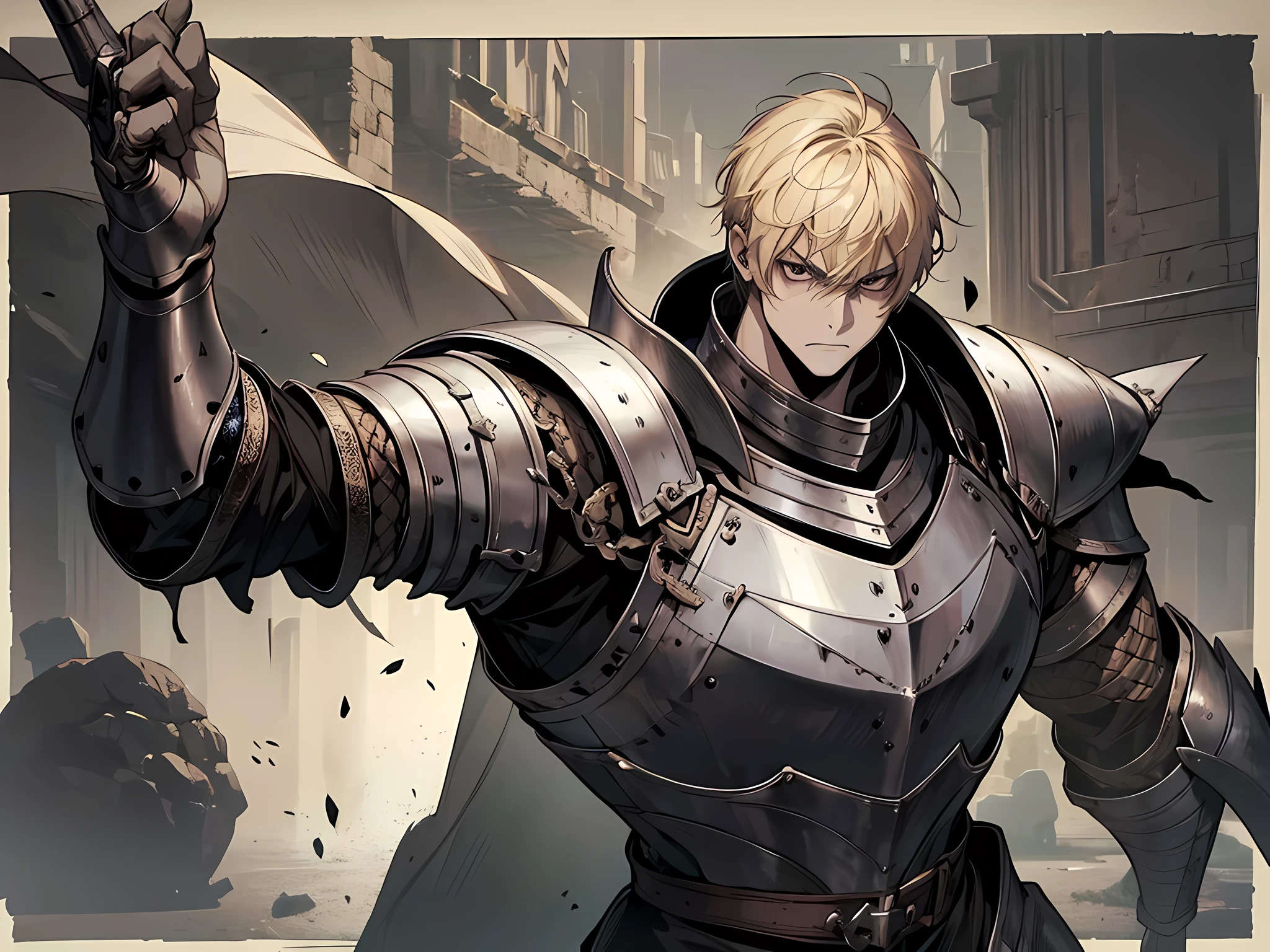 1 man knight, blonde hair, short hair, wearing heavy armor, fighting pose, standing, angry facial expression, face to detail, detailed eyes, the background is dungeon full of monster, full-body illustration